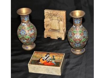 Unique Assorted Decorative Accessories  Pair Of Brass Cloisonne Vases & More