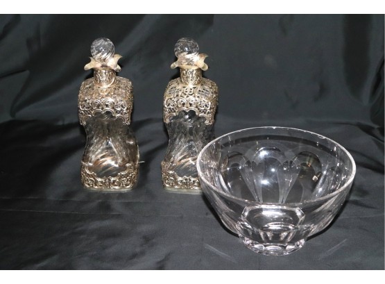 Pair Of Vintage Pinched Glass Decanters & Silver Plate Overlay Embellishment & Villeroy & Boch Crystal Bowl