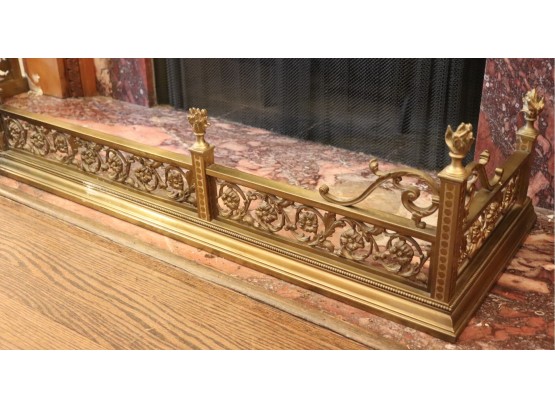 Large Decorative Brass Fireplace Fender With Flowers Scrollwork & Flame Shaped Finals