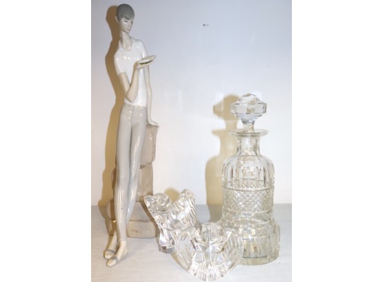 Tall Lladro Figurine Of Boy Reading With Two Steuben Eagles & Crystal Decanter