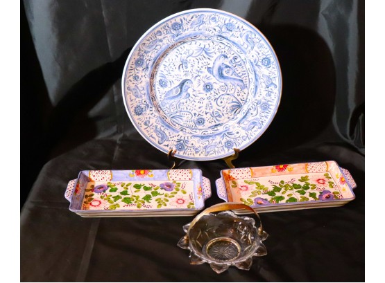 Italian Rectangular Serving Dishes &  Large Portugal Decorative Plate  Antique Bowl With Silver Handle