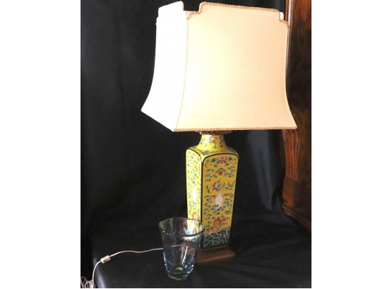 Tall Yellow Glazed Hand Painted Porcelain Lamp & Pagoda Style Silk Shade