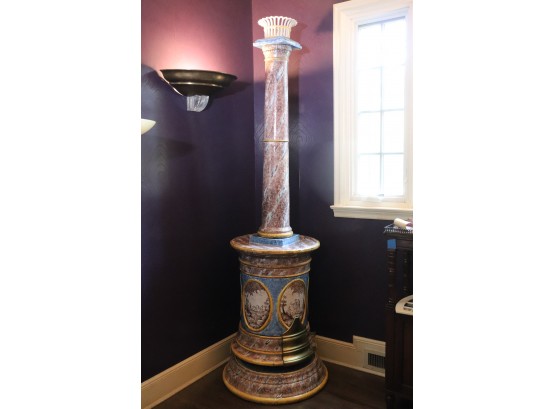 Monumental Glazed Terra-Cotta Decorative Stove With Hand Painted Panels & Faux Marbleized Patterns