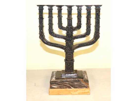 Original Sterling Silver Menorah On Marble Base By Yaacov Heller With Beautiful Embossed Details On Front