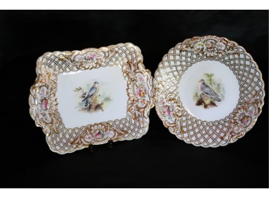 A Round Antique Serving Plate & Matching Rectangular Serving Plate With Hand Painted Portraits Of Birds
