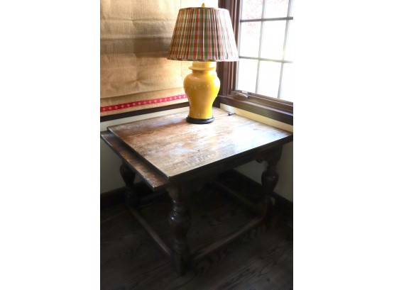 Antique Refectory Table With Jacobean Style Legs & Stretchers With Yellow Ginger Jar Style Lamp & Shade