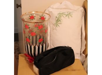 Lot Of Decorative Items Mackenzie Childs Painted Glass Vase With Red Flowers, Boudoir Pillow & Travel Case