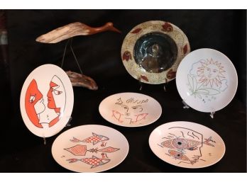 Decorative Lot Featuring Jean Cocteau Edition D'Art Plates, Hand Carved Wood Bird Signed Mendoza & Glass Bowl