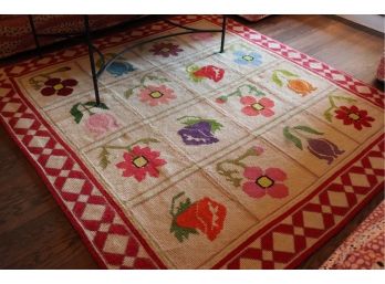 Hand Made Hooked Area Rug With Colorful Flowers And Red Diamond Border