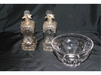 Pair Of Vintage Pinched Glass Decanters & Silver Plate Overlay Embellishment & Villeroy & Boch Crystal Bowl