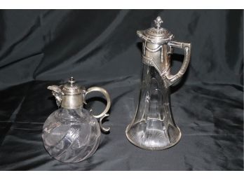 Tall Antique Glass Decanter With Continental Silver Handle & Lid Stamped Loventhal, 800, Etched Glass Decanter