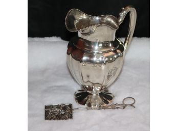 Sterling Silver Water Pitcher With Elegant Ribbed Panels & Antique Sterling Serving Piece