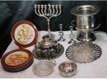 Lot Of Judaica Includes Small Wine Dispenser And 8 Small Cups On Tray With Grape Garlands By Karshi