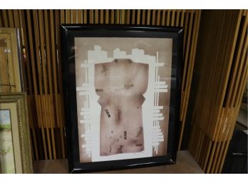Signed 1986 Abstract Artwork On Paper Of A Kimono With Asian Calligraphy In Black Frame