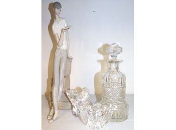 Tall Lladro Figurine Of Boy Reading With Two Steuben Eagles & Crystal Decanter