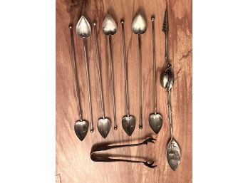 Sterling Silver Lot, 7 Sterling Silver Iced Tea Spoons, Very Decorative Spoon & Ice Tong. Approx. Wt 6.40 Orz