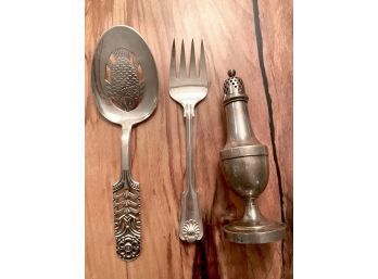 Sterling Silver Lot Includes Meat Fork, Unique And Detailed Fish Spoon, Sugar Shaker. Approx Total Wt 12.18 Oz