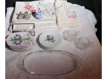 Assortment Of Vintage Decorative Tabletop Items Including 6 Limoges Bird Plates,  Glass & Sterling Swans