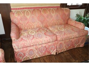 Custom Loveseat With Center Pleat Skirt & Intriguing Paisley Pattern Upholstery Includes 2 Cinnamon Color Silk