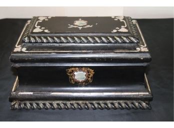 Antique English Tantalus Of Ebonized Wood With Mother Of Pearl Inlay & Glass Accessories