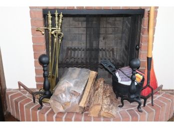 Group Of Fireplace Equipment Including Black Metal Andirons Brass Fireplace Tools & Coal Bucket