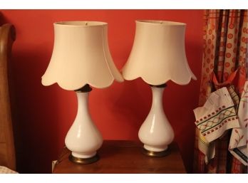 Pair Of Milk Glass Table Lamps With Scalloped Silk Shades