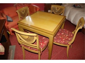 Vintage Painted Card Table With Ming Style Legs Paired With 4 Sheraton Style Chairs With Stenciling