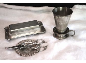Lot Of Sterling Silver Footed Butter Dish With Lid Along With Sterling Cup On Base, Grape Shears & Small Plate