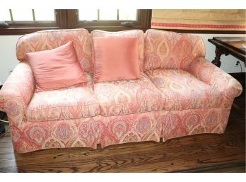 Custom Rolled Arm Double Pleat Skirted Sofa With Paisley Design Fabric & 2 Silk Throw Pillows