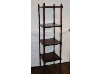 Vintage Cherry Wood Etagere On Brass Casters With Pretty Turned Wood Spindles