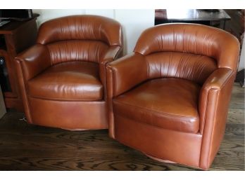 Pair Of Hancock & Moore Leather Swivel Rocking Chairs In Contemporary Barrel Back Style