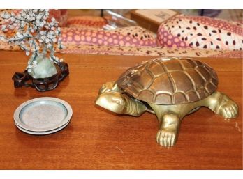 Large Brass Turtle With Shell Back That Opens, Small Jade Tree & 2 Royal Copenhagen Plates