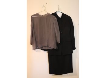 Giorgio Armani Ladies Pinstripe Blazer & Skirt And Sheer Grey Silk Blouse & Pants By Morgane Le Fay