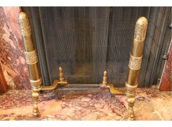 Unique Tall Brass Andirons With Lion Claw Feet With Foliage Bands Of Design Encircling  The Top And Center