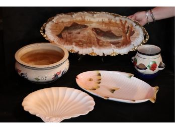 Magnificent Large Antique Limoges France Fish Platter With Handles Hand Painted Strawberry Pot & Spode Dish