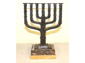 Original Sterling Silver Menorah On Marble Base By Yaacov Heller With Beautiful Embossed Details On Front