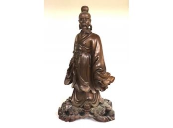 Finely Detailed Hand Carved Asian Gentleman With Flowing Robes On Carved Wood Base