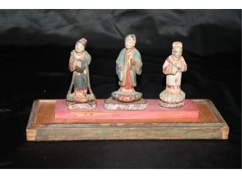 Group Of Very Old Asian Hand Painted Wood Figures On Wood Base