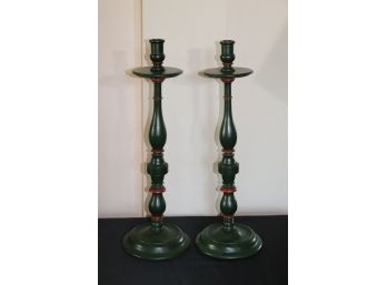 Vintage Tall Painted Wood Candlesticks With Green Finish And Orange Banding