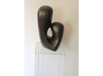 Abstract Bronze Sculpture Of Mother And Child Signed PJ, Numbered 4/10 On Modern Plexiglass Pedestal