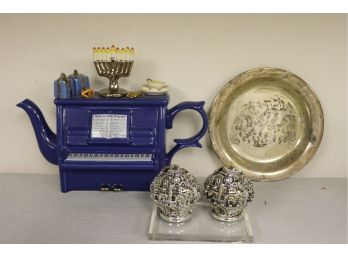 Lot Of Judaica With 2 925 Silver Jerusalem Ball Decorations, Hanukkah Plate & More