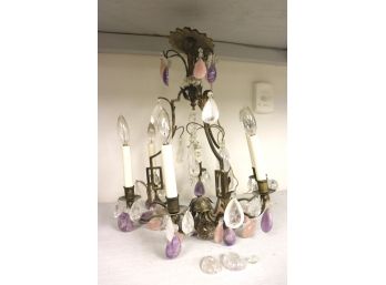 Beautiful Rock Crystal Chandelier In Gold Tone Metal With Pink Quartz & Purple Quartz Crystals