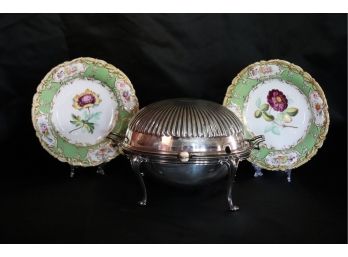 Antique English Silver Plated Breakfast Dome With Revolving Top And Pair Of Coalport Serving Plates