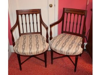Pair Of Vintage Sheraton Style Armchairs With Banded Mahogany Inlay