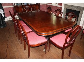 Vintage Ca. 1930s Double Pedestal Banded Mahogany Dining Room Table With 10 Shield Back Chairs