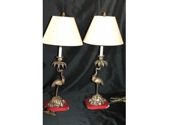 Pair Of Antique Lamps Featuring Brass Cranes On Craggy Rock Bases With Linen Shades