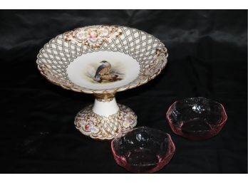 Large Serving Plate On Pedestal With Impressive Hand Painted Hawk On Mountain Top  2 Small Pink Glass Bowls