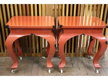 Pair Of Lacquered Asian Stools/ Snack Tables On Casters By Woodlee Furniture Corp. Palm Beach
