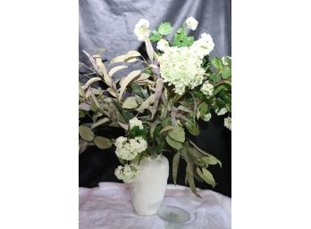 Beautiful Tall White Glazed Ceramic Vase With Overall Flower Design And Realistic Silk Hydrangeas