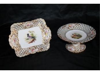 Antique Rectangular Serving Plate & Matching Round Pedestal Plate With Hand Painted Portrait Of Bird